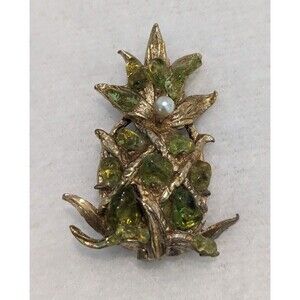 Pineapple Brooch Green Stone Faux Pearl Accent